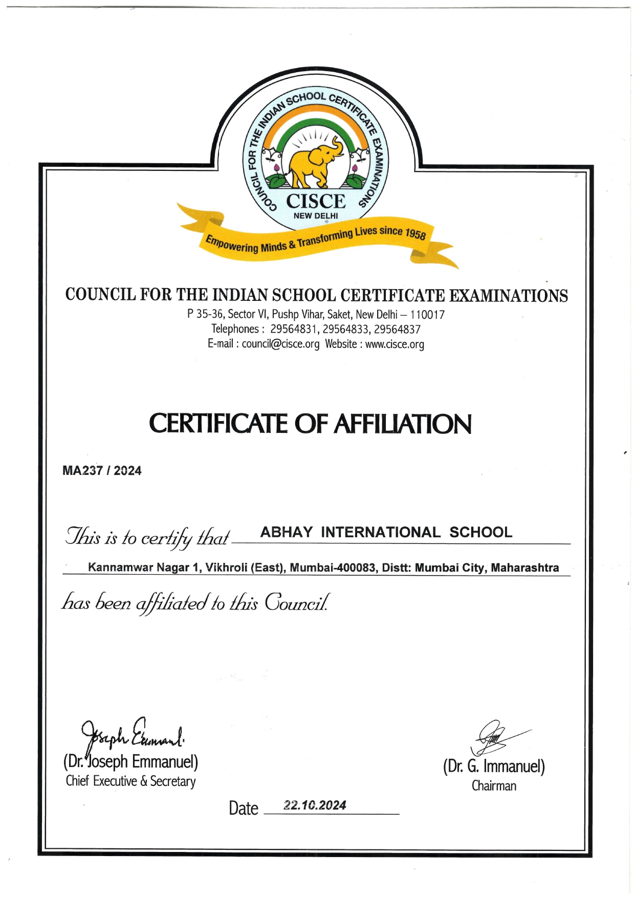 Affiliation Certificate